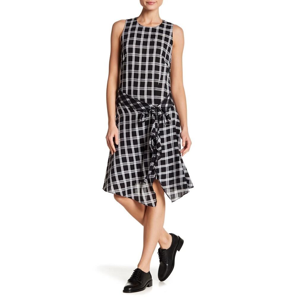 Rag Bone Womens Brighton Plaid Cotton Sleeveless Dress Self Waist Tie XS Neutral